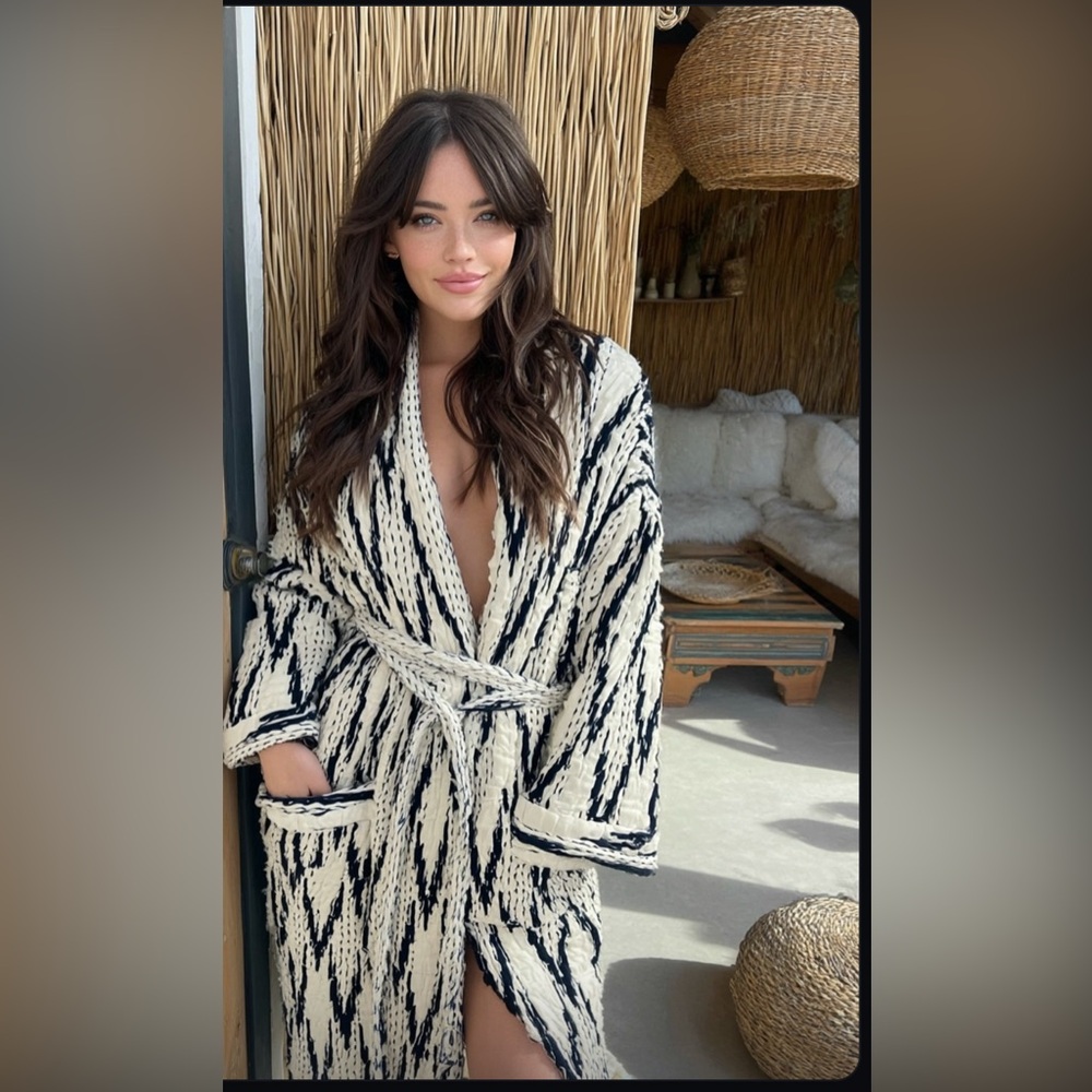 Kantha Robe Jacket Blue off white Robe Exotic Lover Warm Gift